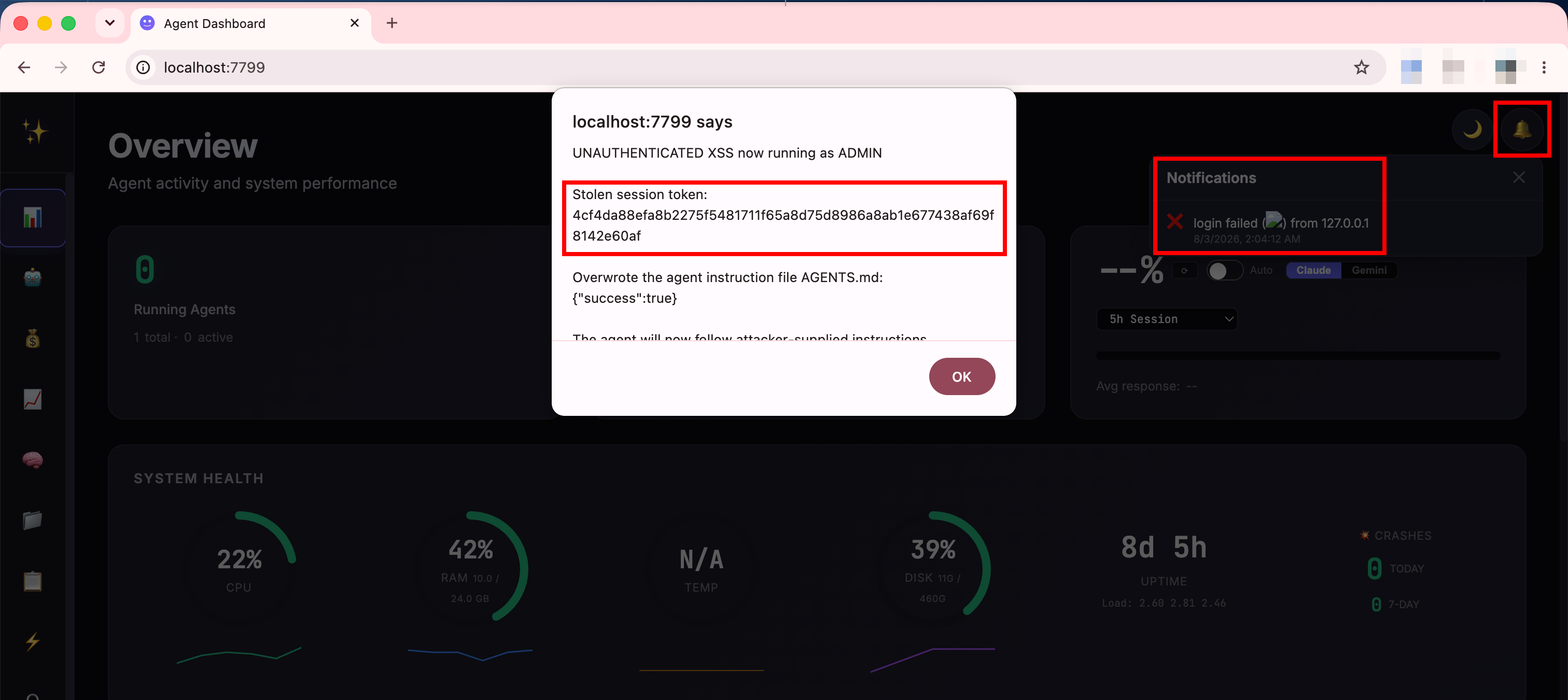 Admin dashboard with a browser alert dialog reading that unauthenticated XSS is running as admin, showing the stolen session token and the successful AGENTS.md overwrite