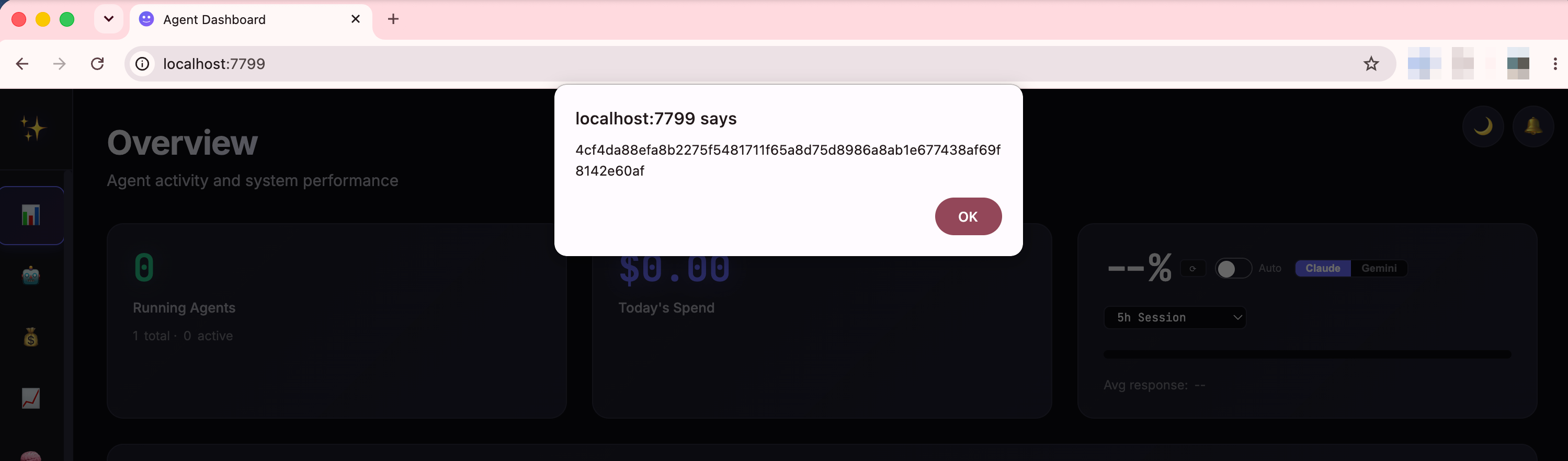 Overview landing page with a browser alert dialog showing the admin’s leaked session token, fired right after login with no navigation